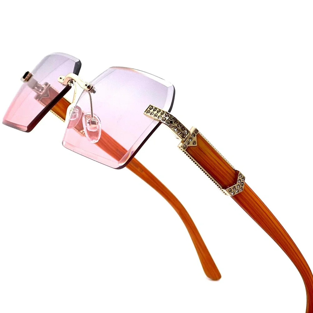 Rimless Sunglasses Women‎ Men Wood Grain Frame Rhinestone Shades Vintage Luxury